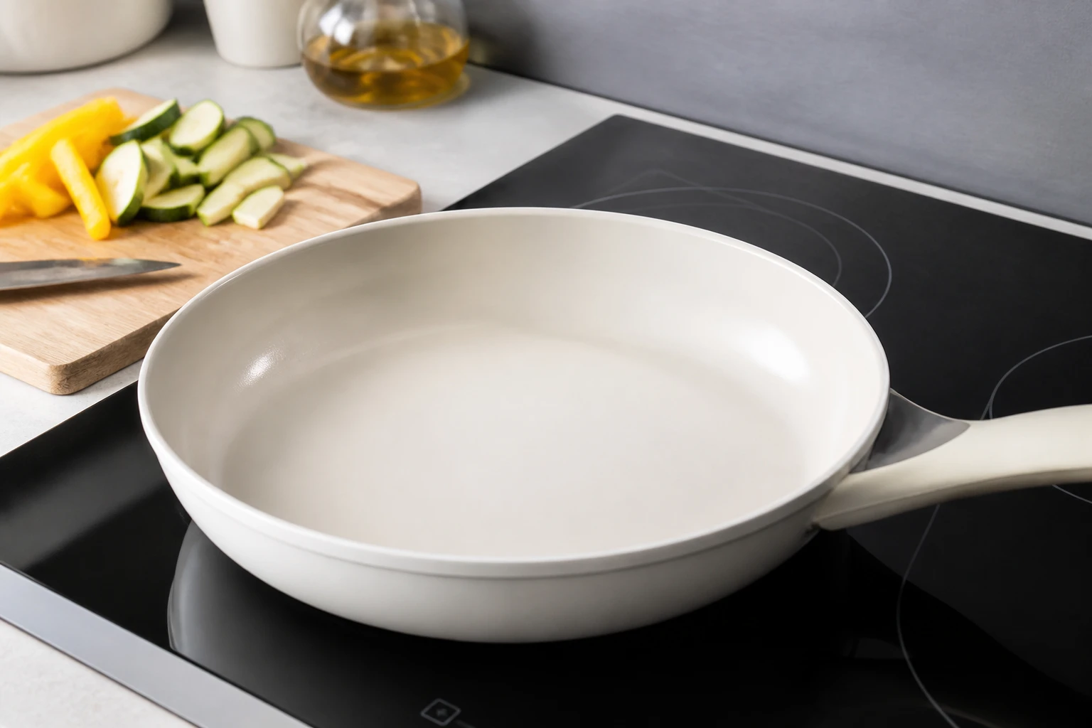 Poêle en céramique blanche sur une plaque de cuisson dans une cuisine lumineuse