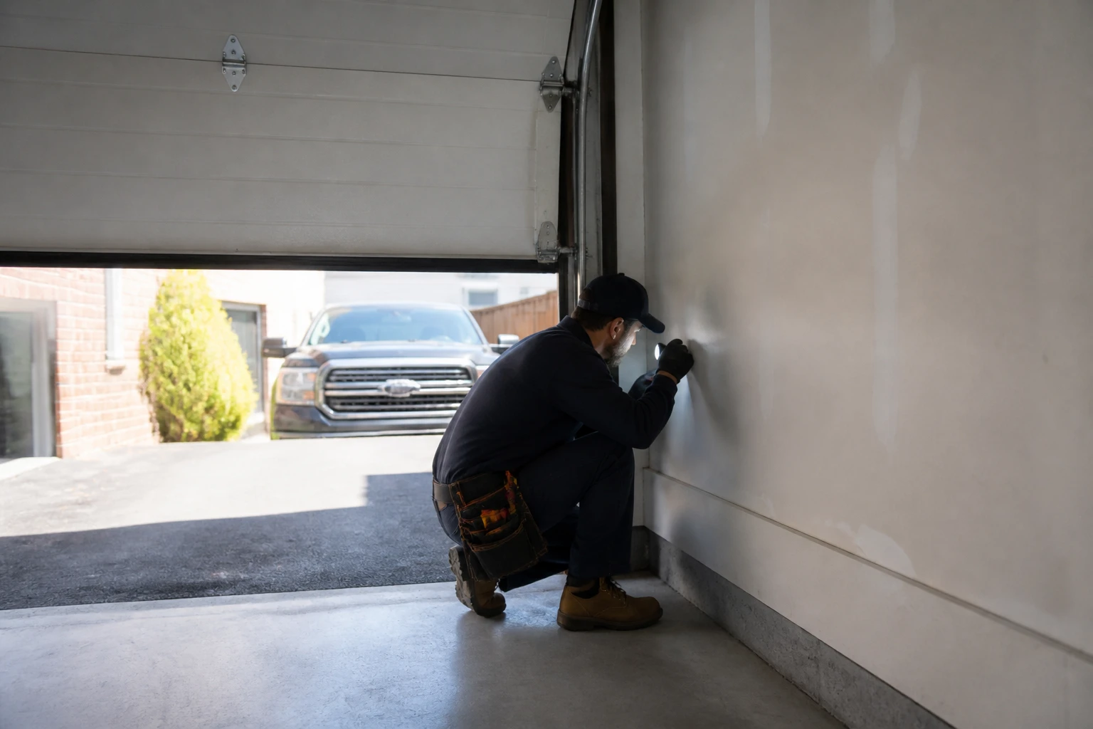 Homme inspectant les rails et roulettes d'une porte de garage sectionnelle bloquée