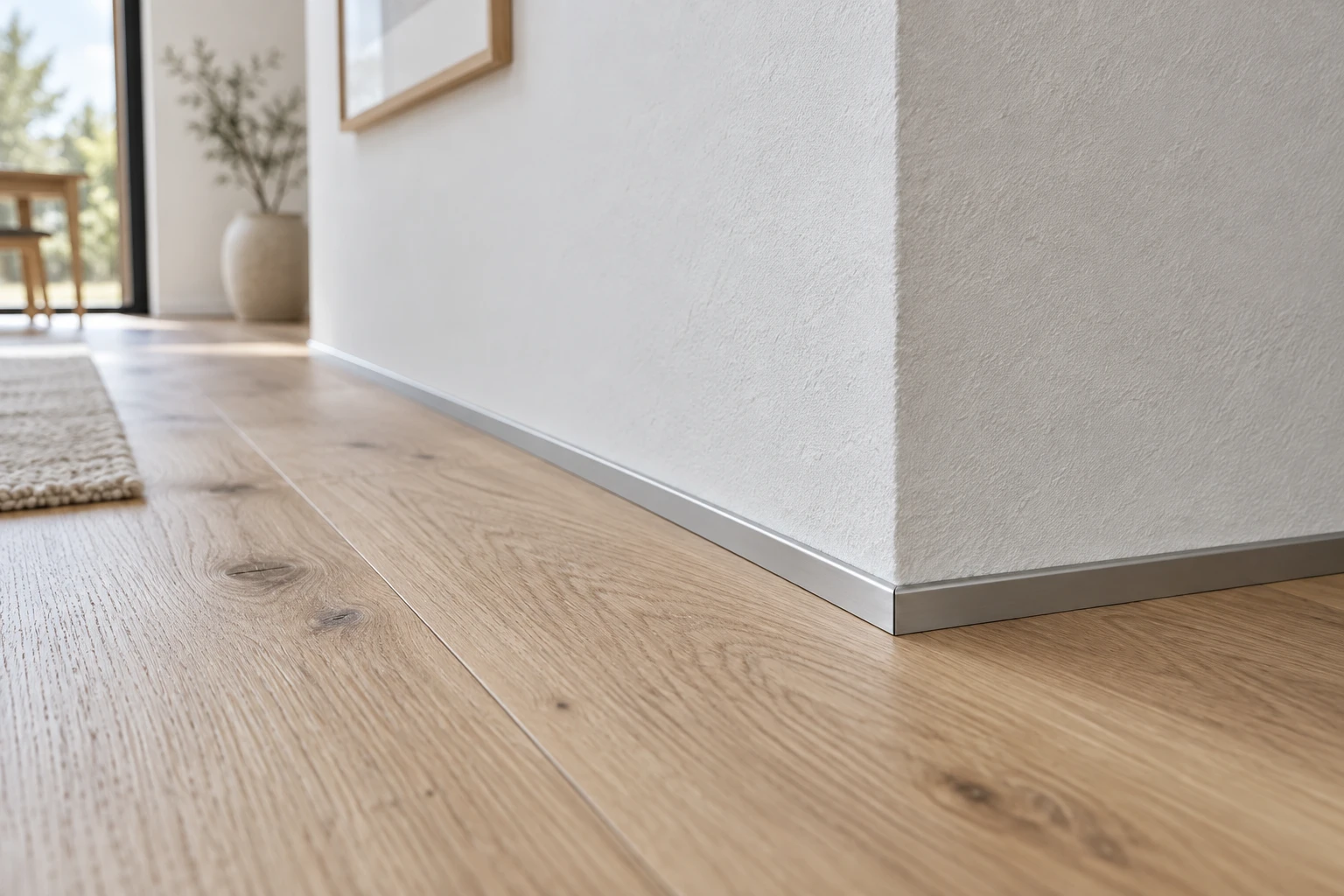 Profilé aluminium discret en alternative aux plinthes entre parquet flottant et mur blanc