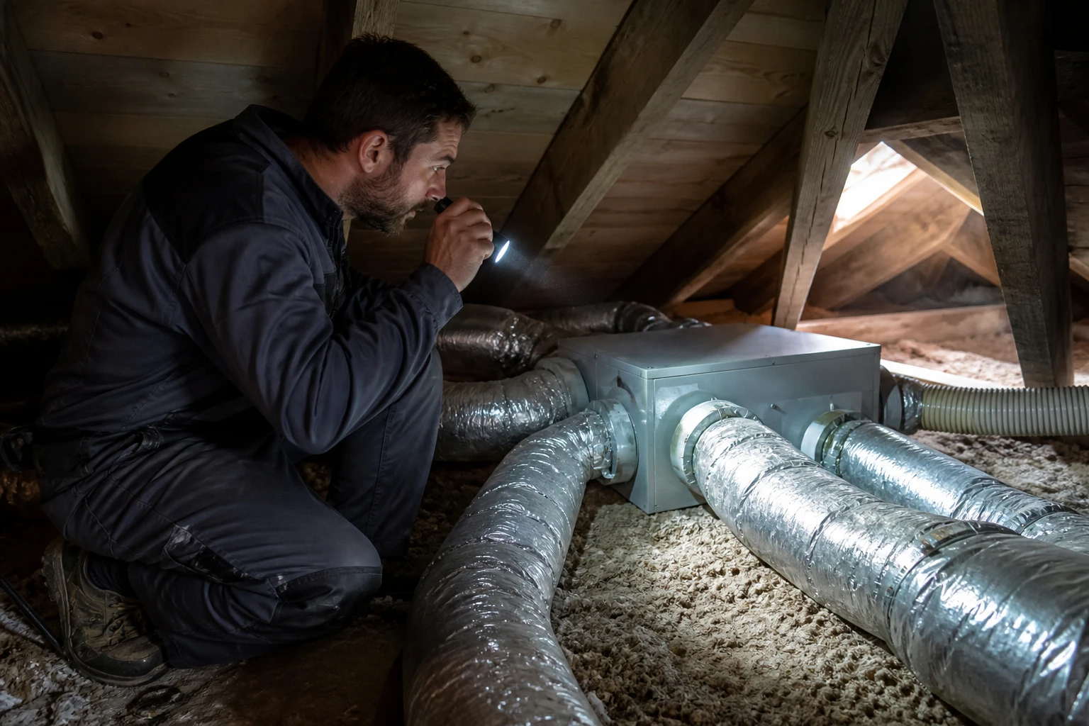 Artisan inspectant un caisson de VMC bruyant en combles avec gaines isolées