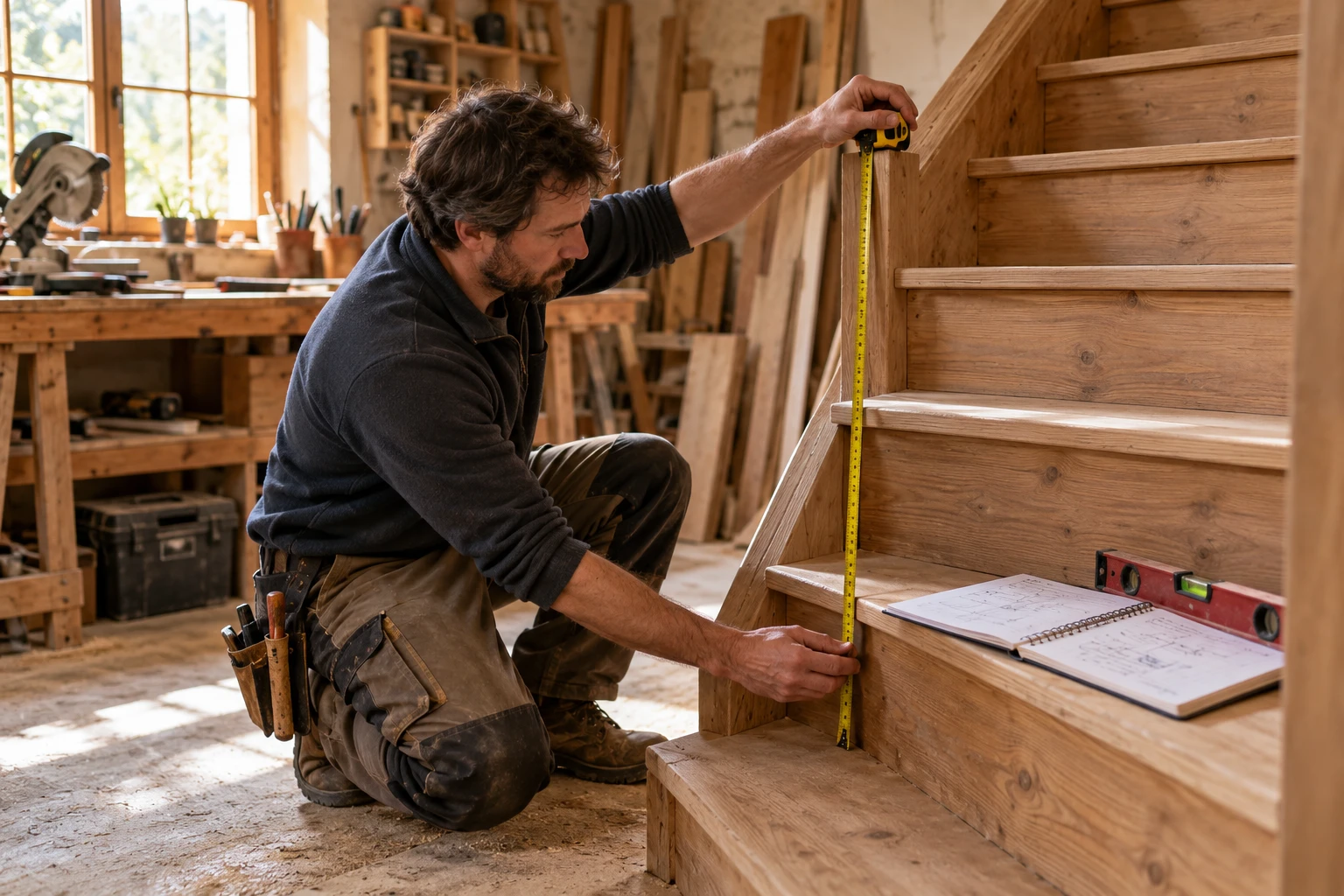 Menuisier mesurant la hauteur d'un escalier en bois avec un mètre ruban pour calculer les marches