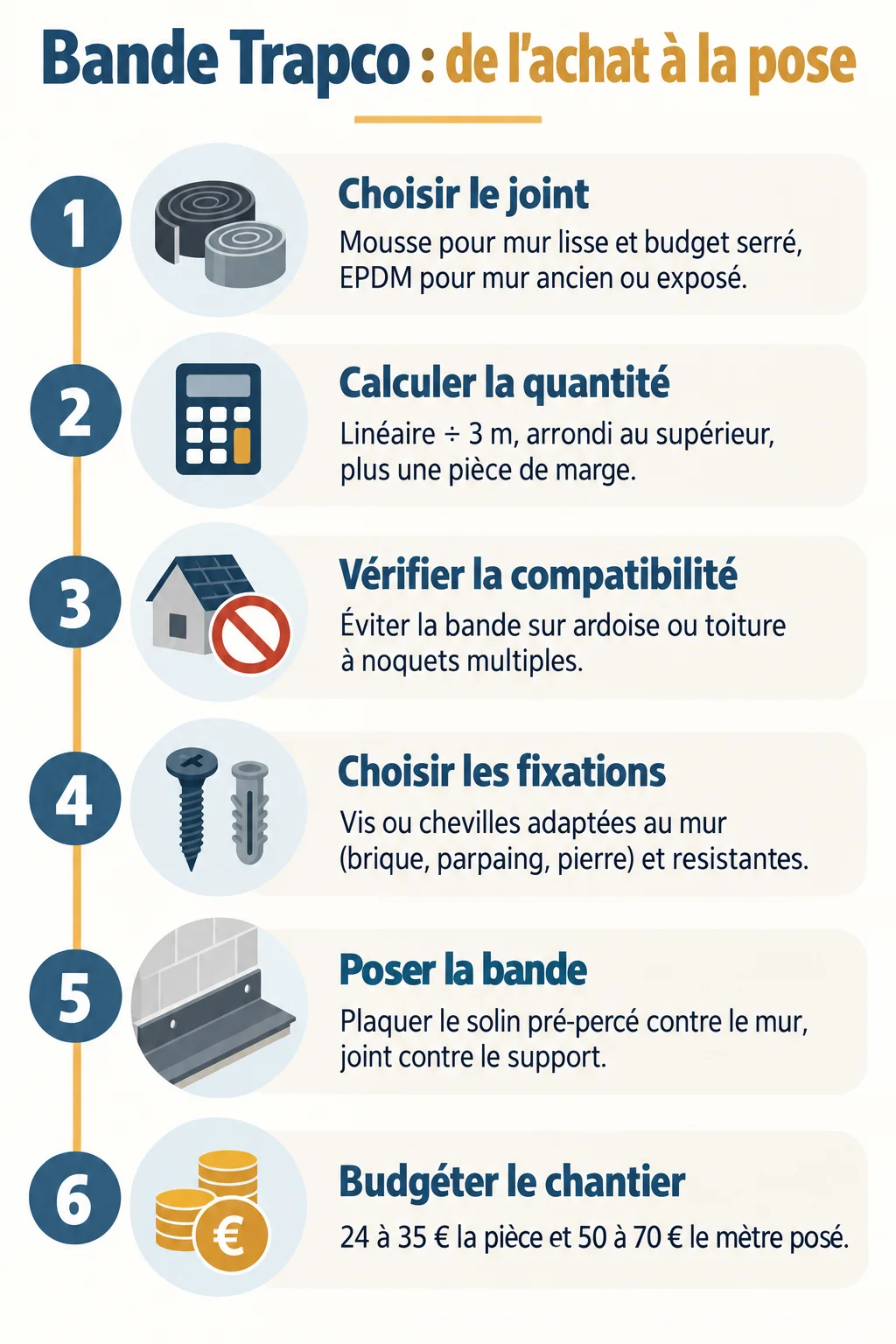 Bande Trapco : de l'achat à la pose : 1. Choisir le joint, 2. Calculer la quantité, 3. Vérifier la compatibilité, 4. Choisir les fixations, 5. Poser la bande, 6. Budgéter le chantier