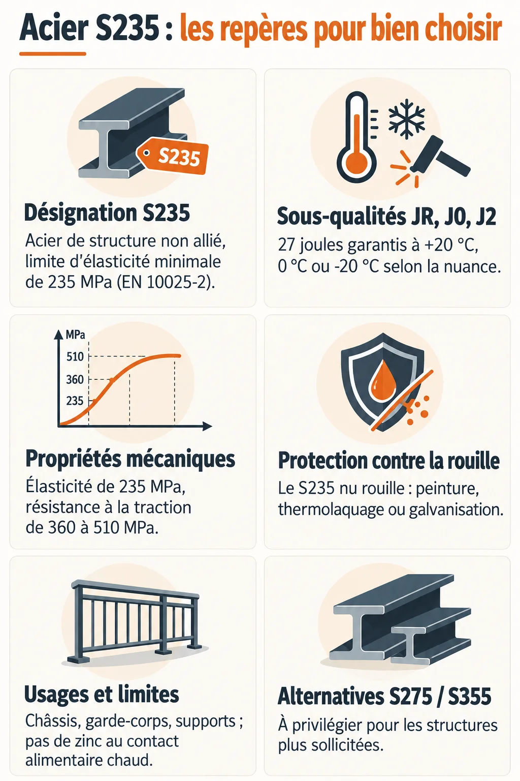 Acier S235 : les repères pour bien choisir : Désignation S235, Sous-qualités JR, J0, J2, Propriétés mécaniques, Protection contre la rouille, Usages et limites, Alternatives S275 / S355