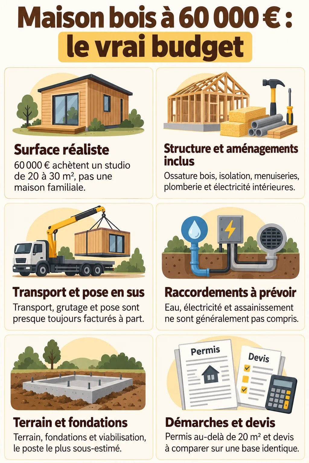 Maison bois à 60 000 € : le vrai budget : Surface réaliste, Structure et aménagements inclus, Transport et pose en sus, Raccordements à prévoir, Terrain et fondations, Démarches et devis