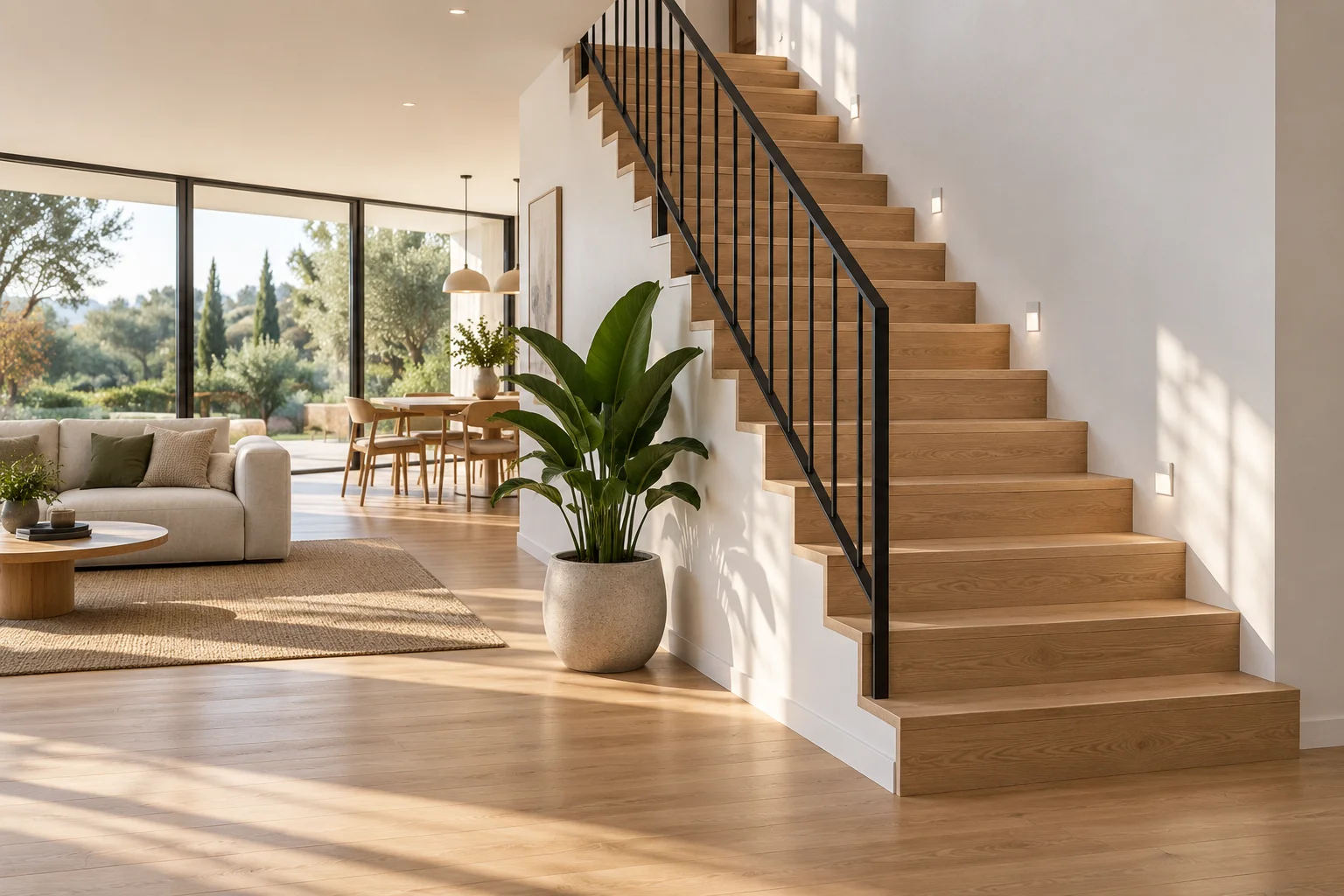 Un escalier droit en bois clair dans une maison lumineuse